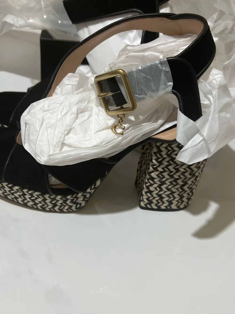 Coach Black Woven Platform Block Heel Sandals